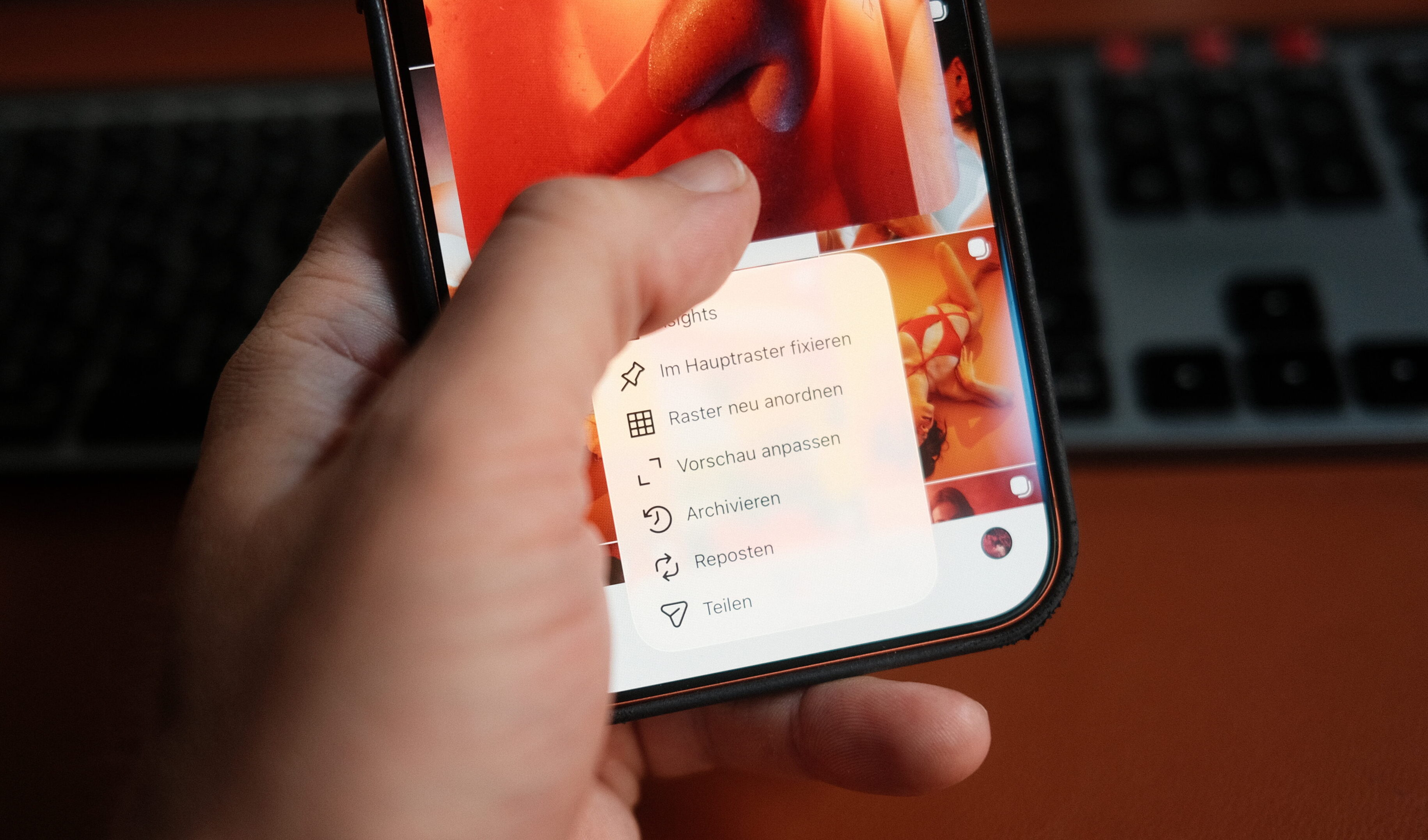 Instagram Raster neu anordnen – Kontextmenü in der App