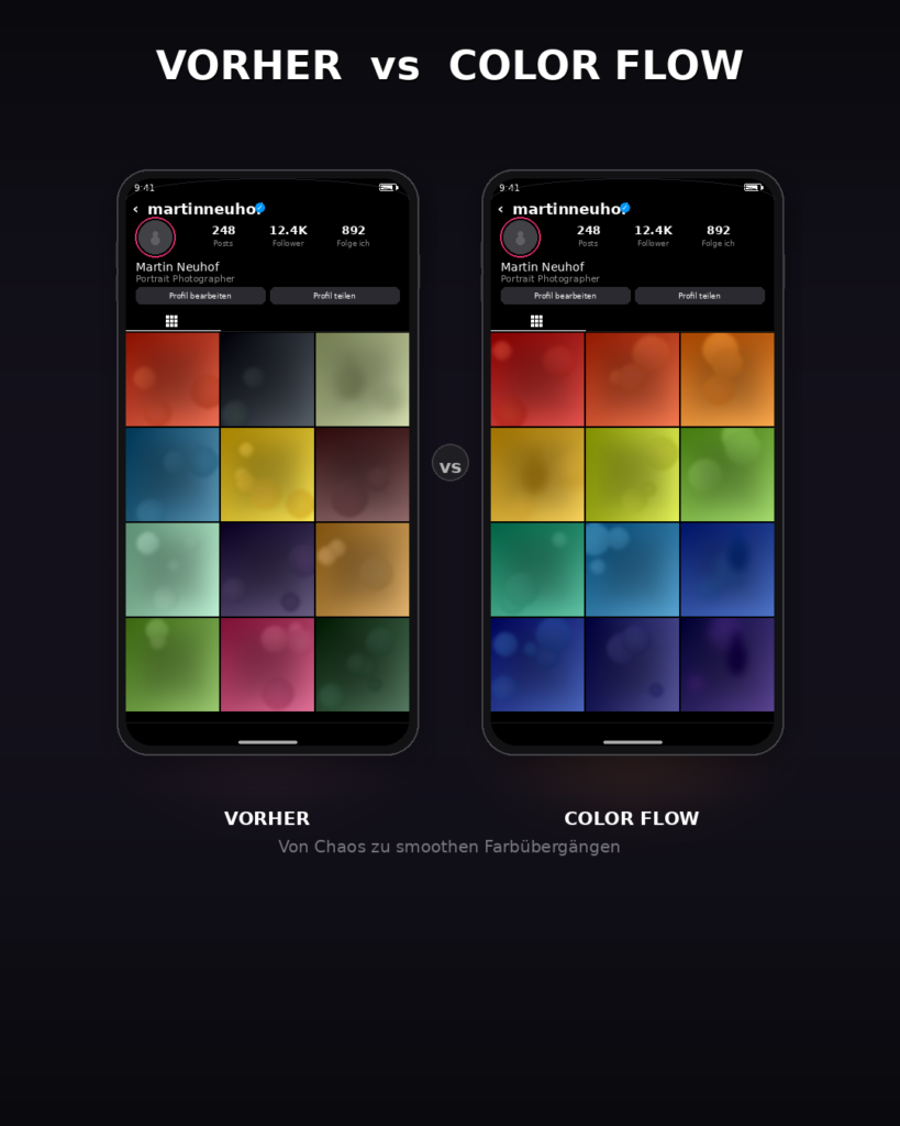 Instagram Feed Strategie Color Flow: Vorher-Nachher Farbverlauf im Grid